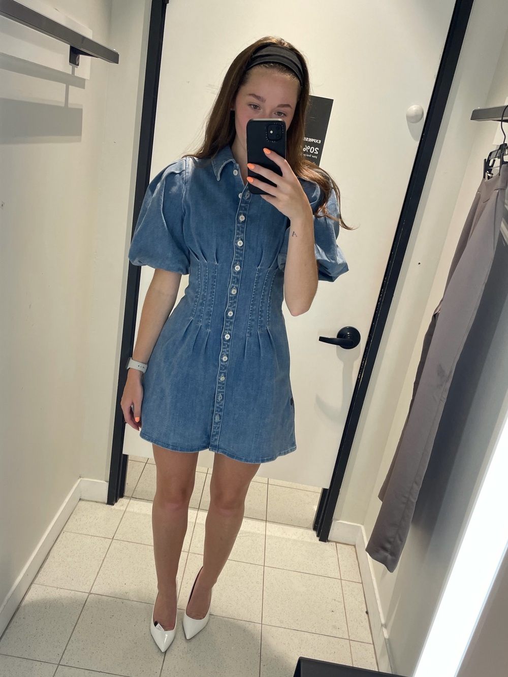 Express Denim Button-Front Puff-Sleeve Mini Dress - Blue